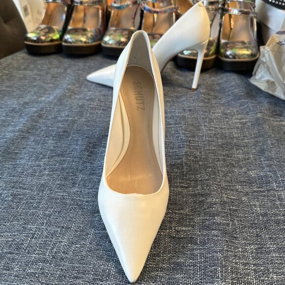 Schutz Lou Pointed Toe Pumps White Leather Heels - Picture 4 of 16